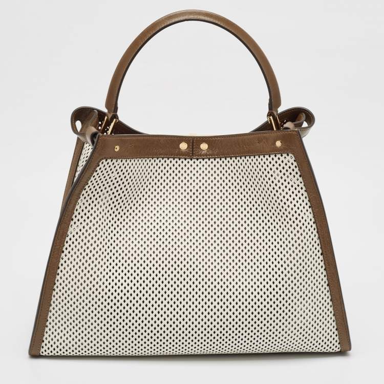 Pre Owned Fendi Khaki/White Perforated Leather Large X Lite Peekaboo Top Handle Bag