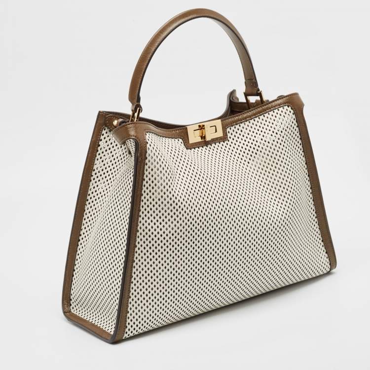 Pre Owned Fendi Khaki/White Perforated Leather Large X Lite Peekaboo Top Handle Bag