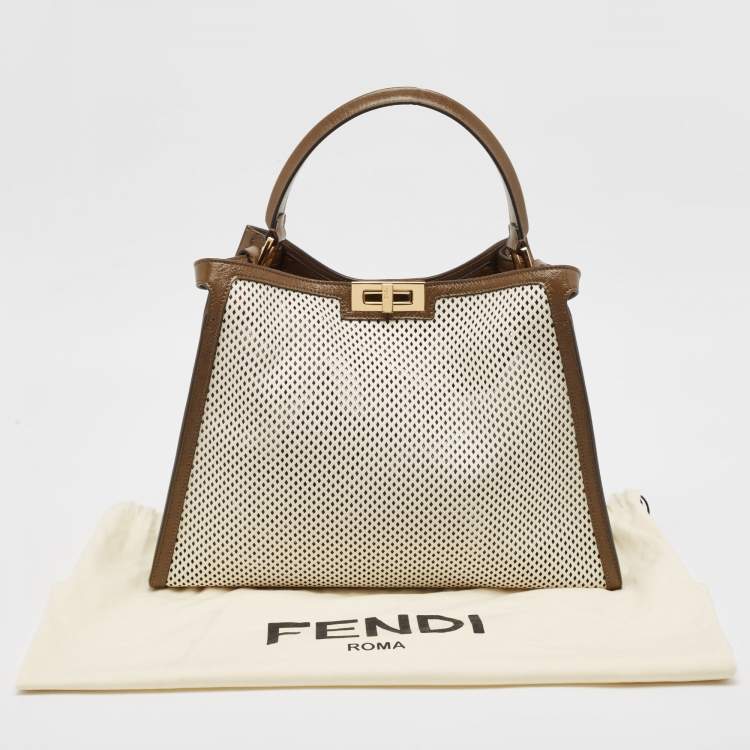 Pre Owned Fendi Khaki/White Perforated Leather Large X Lite Peekaboo Top Handle Bag