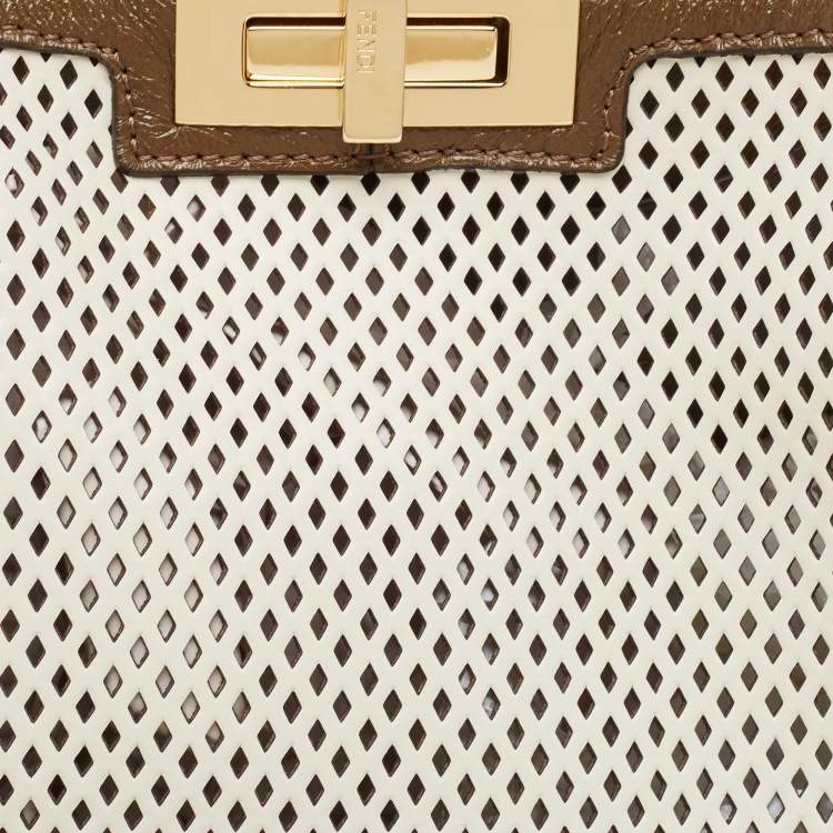 Pre Owned Fendi Khaki/White Perforated Leather Large X Lite Peekaboo Top Handle Bag