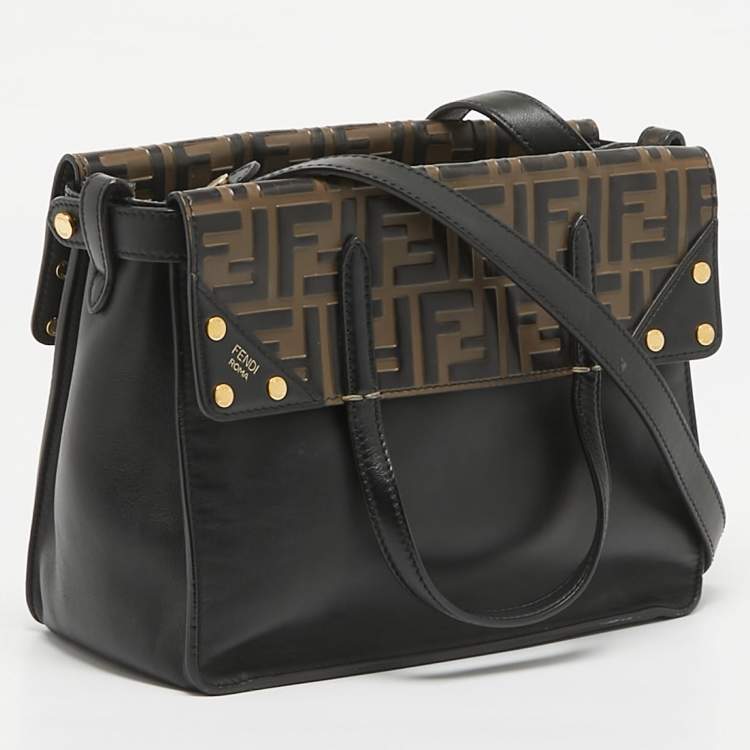 Pre Owned Fendi Black/Brown FF Leather Grace Flip Tote