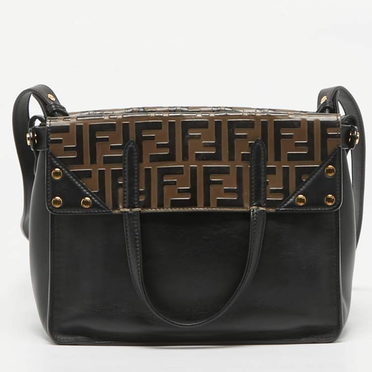 Pre Owned Fendi Black/Brown FF Leather Grace Flip Tote