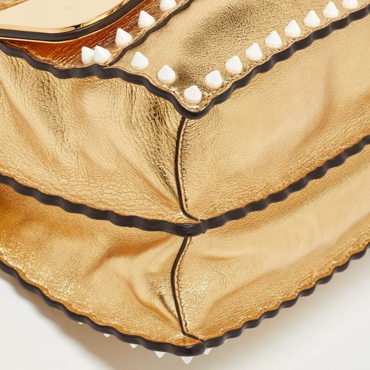 Pre Owned Fendi Gold Leather Floral Studded Wonder Monster Kan I Shoulder Bag