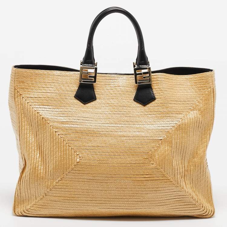 Pre Owned Fendi Natural/Black Woven Straw Twins Shopper Tote