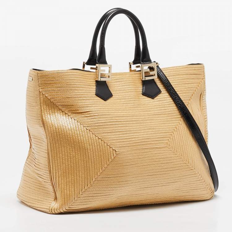 Pre Owned Fendi Natural/Black Woven Straw Twins Shopper Tote
