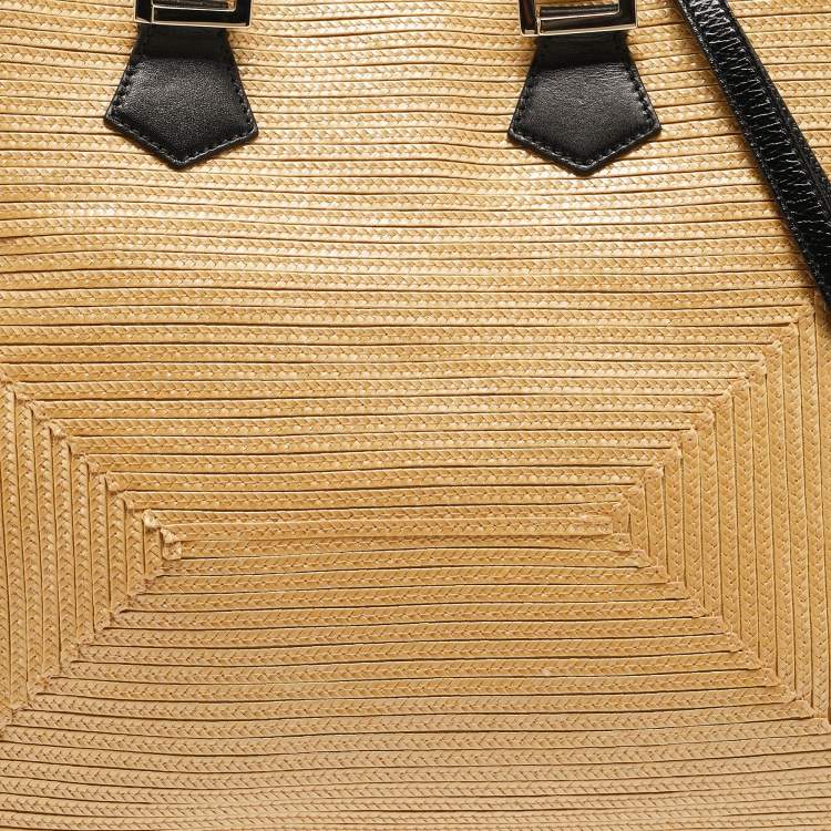Pre Owned Fendi Natural/Black Woven Straw Twins Shopper Tote