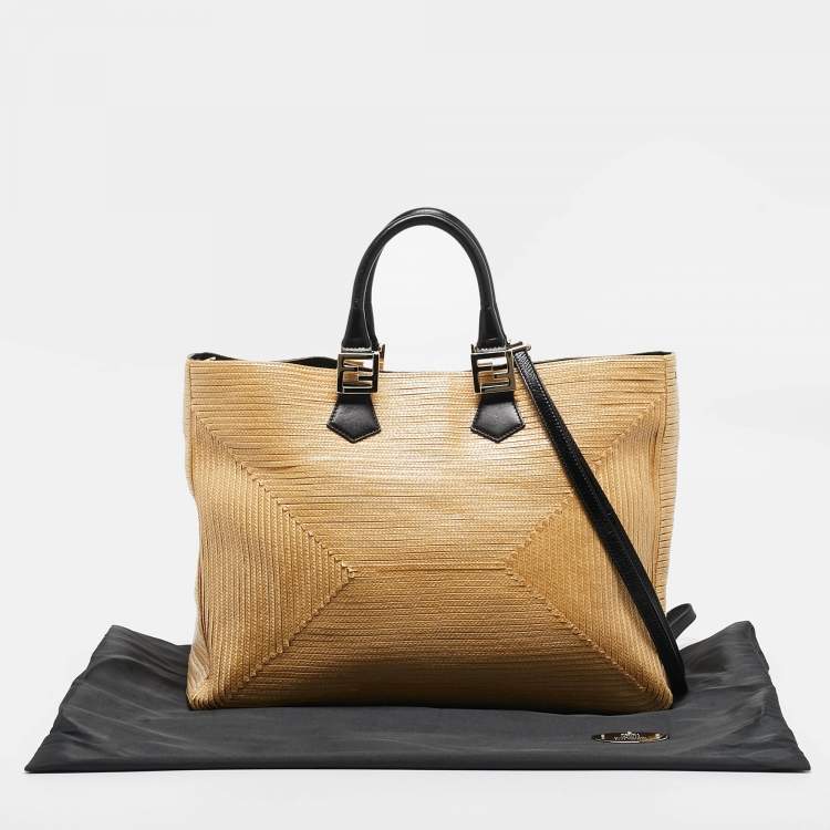 Pre Owned Fendi Natural/Black Woven Straw Twins Shopper Tote