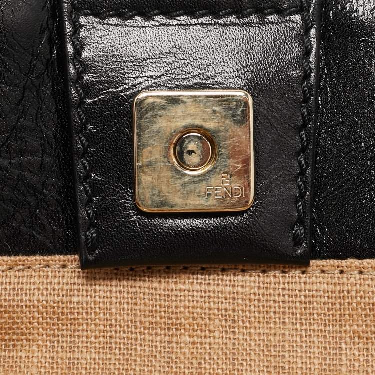 Pre Owned Fendi Natural/Black Woven Straw Twins Shopper Tote