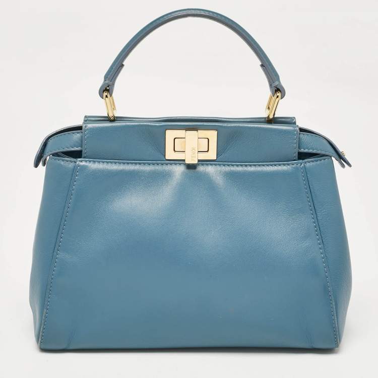 Pre Owned Fendi Blue Leather Mini Peekaboo Top Handle Bag