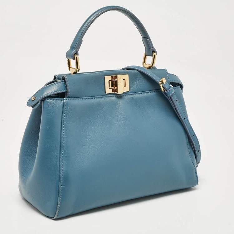 Pre Owned Fendi Blue Leather Mini Peekaboo Top Handle Bag