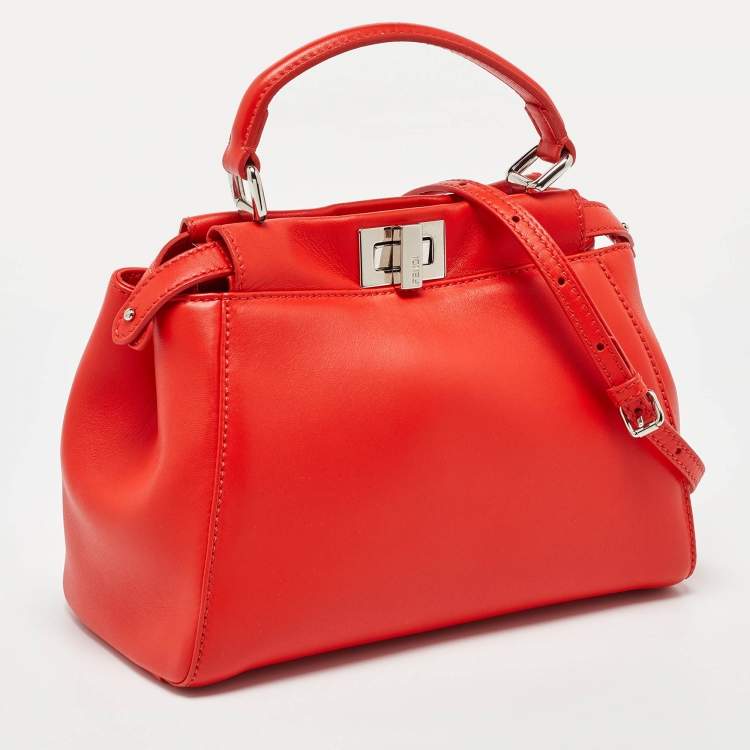 Pre Owned Fendi Orange Leather Mini Peekaboo Top Handle Bag