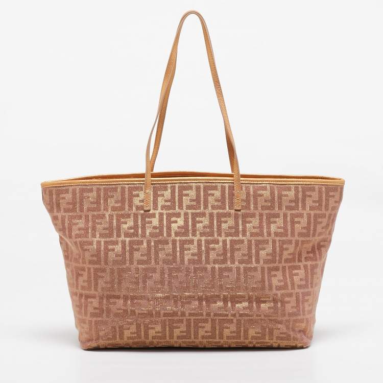 Pre Owned Fendi Metallic Zucca Canvas and Leather Large Roll Tote