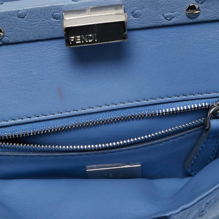 Pre Owned Fendi Blue Ostrich Leather Mini Peekaboo Top Handle Bag