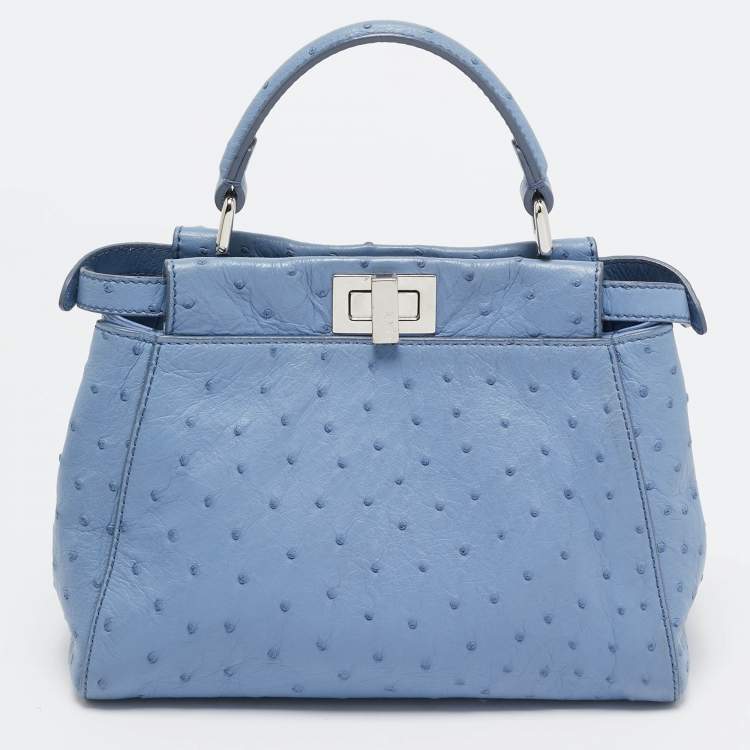 Pre Owned Fendi Blue Ostrich Leather Mini Peekaboo Top Handle Bag