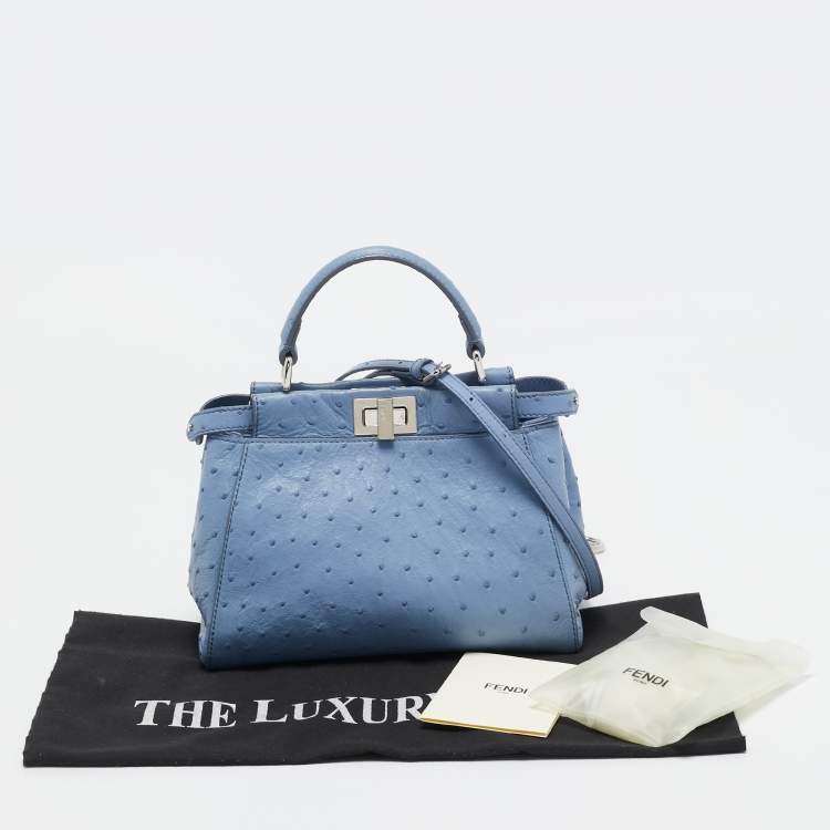 Pre Owned Fendi Blue Ostrich Leather Mini Peekaboo Top Handle Bag