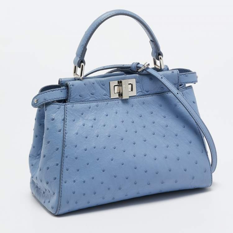 Pre Owned Fendi Blue Ostrich Leather Mini Peekaboo Top Handle Bag