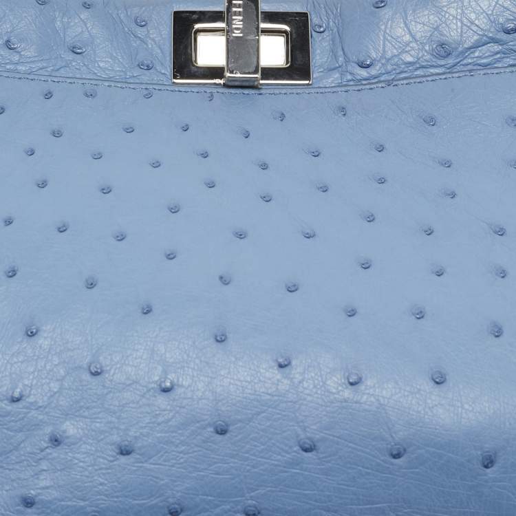 Pre Owned Fendi Blue Ostrich Leather Mini Peekaboo Top Handle Bag