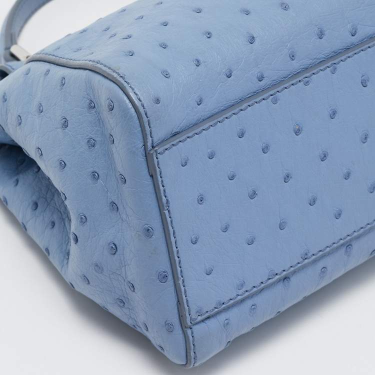 Pre Owned Fendi Blue Ostrich Leather Mini Peekaboo Top Handle Bag