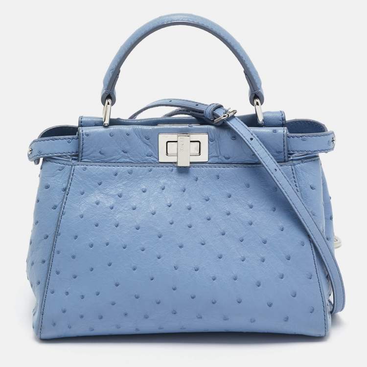Pre Owned Fendi Blue Ostrich Leather Mini Peekaboo Top Handle Bag