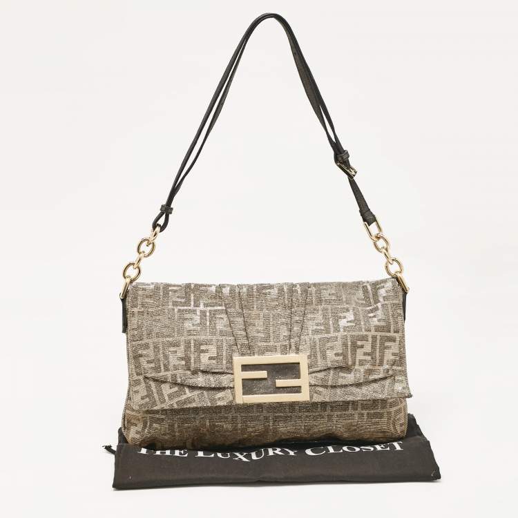 Pre Owned Fendi Metallic Zucca Lurex Fabric Large Mia Flap Shoulder Bag