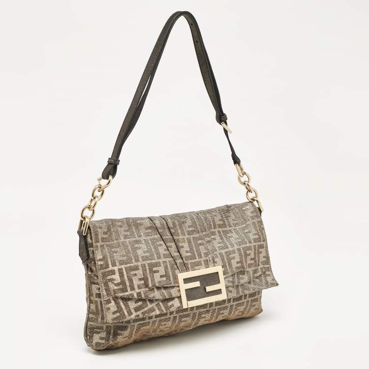 Pre Owned Fendi Metallic Zucca Lurex Fabric Large Mia Flap Shoulder Bag