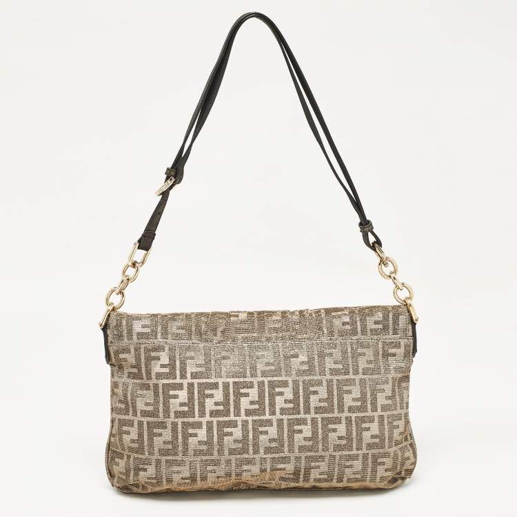 Pre Owned Fendi Metallic Zucca Lurex Fabric Large Mia Flap Shoulder Bag