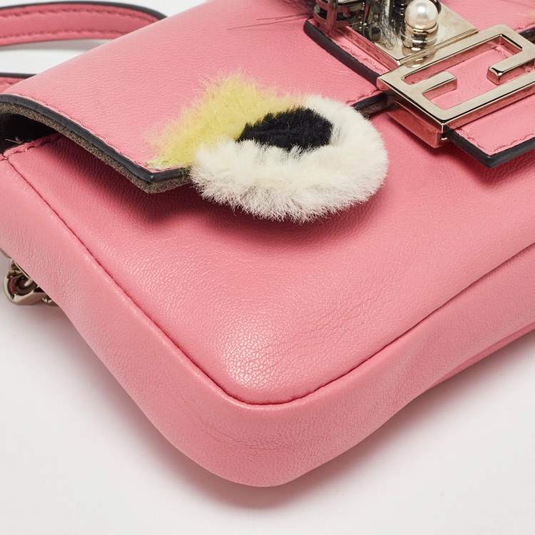 Pre Owned Fendi Pink Leather and Fur Trim Micro Buggie Baguette Crossbody Bag