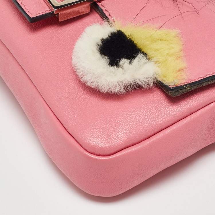 Pre Owned Fendi Pink Leather and Fur Trim Micro Buggie Baguette Crossbody Bag
