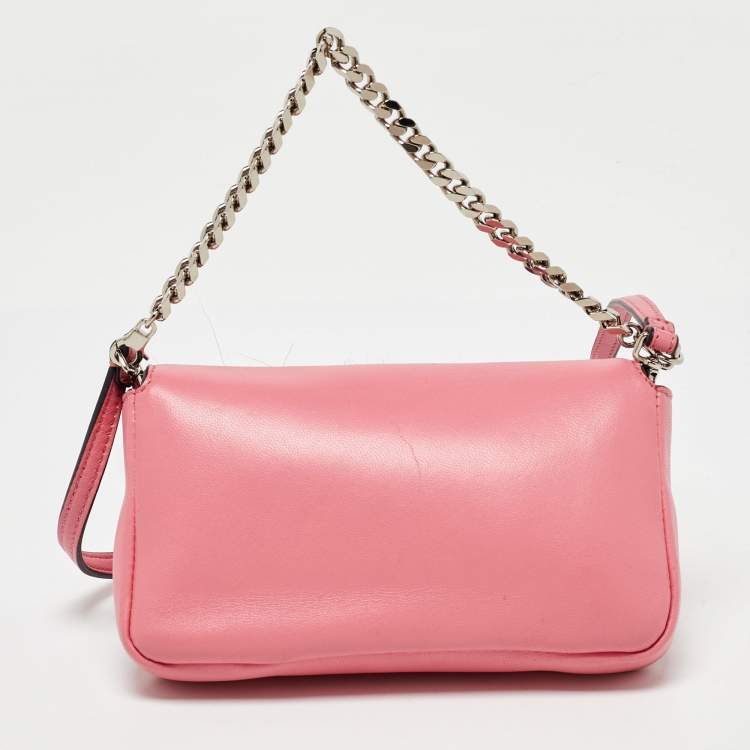 Pre Owned Fendi Pink Leather and Fur Trim Micro Buggie Baguette Crossbody Bag