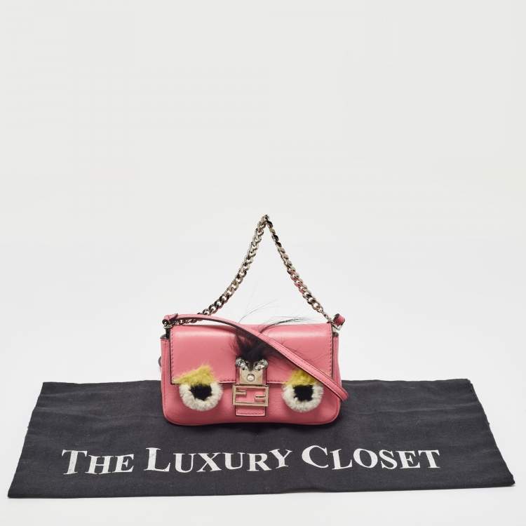 Pre Owned Fendi Pink Leather and Fur Trim Micro Buggie Baguette Crossbody Bag