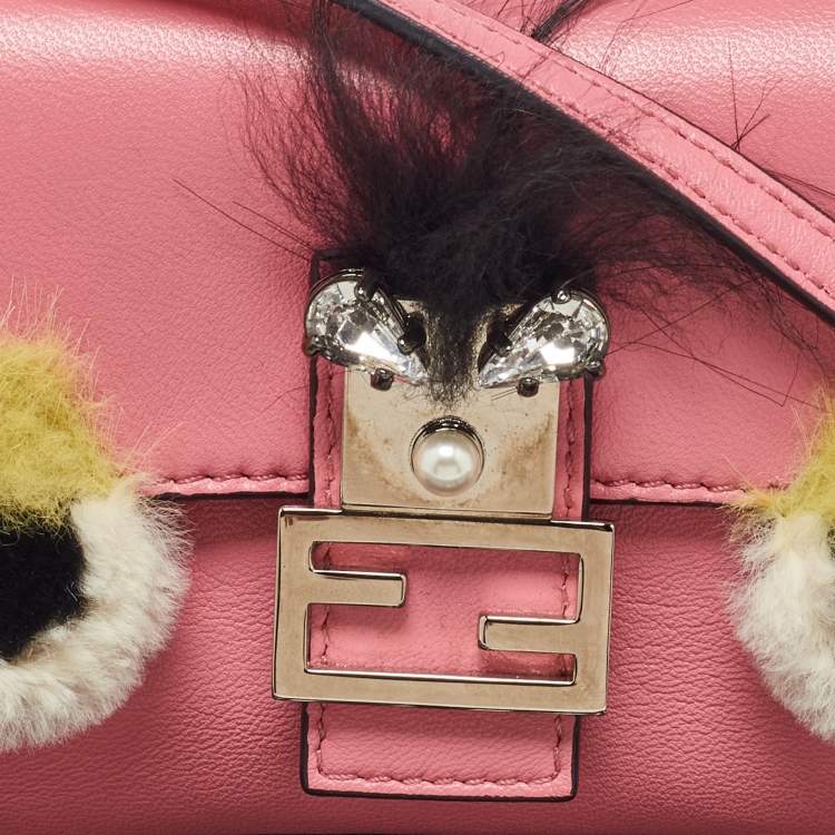 Pre Owned Fendi Pink Leather and Fur Trim Micro Buggie Baguette Crossbody Bag