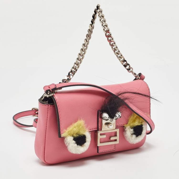 Pre Owned Fendi Pink Leather and Fur Trim Micro Buggie Baguette Crossbody Bag