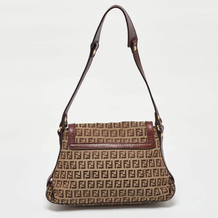 Pre Owned Fendi Brown/Beige Zucchino Canvas and Leather Flap Shoulder Bag