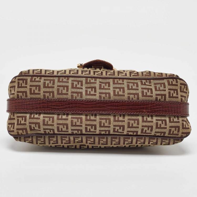 Pre Owned Fendi Brown/Beige Zucchino Canvas and Leather Flap Shoulder Bag