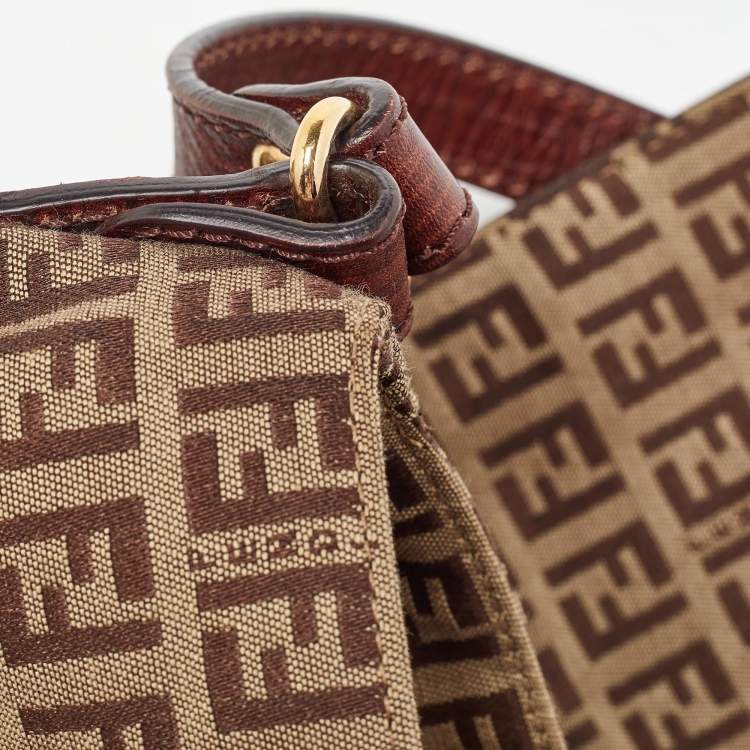Pre Owned Fendi Brown/Beige Zucchino Canvas and Leather Flap Shoulder Bag