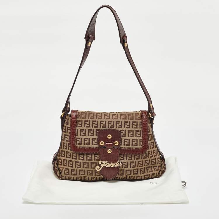 Pre Owned Fendi Brown/Beige Zucchino Canvas and Leather Flap Shoulder Bag