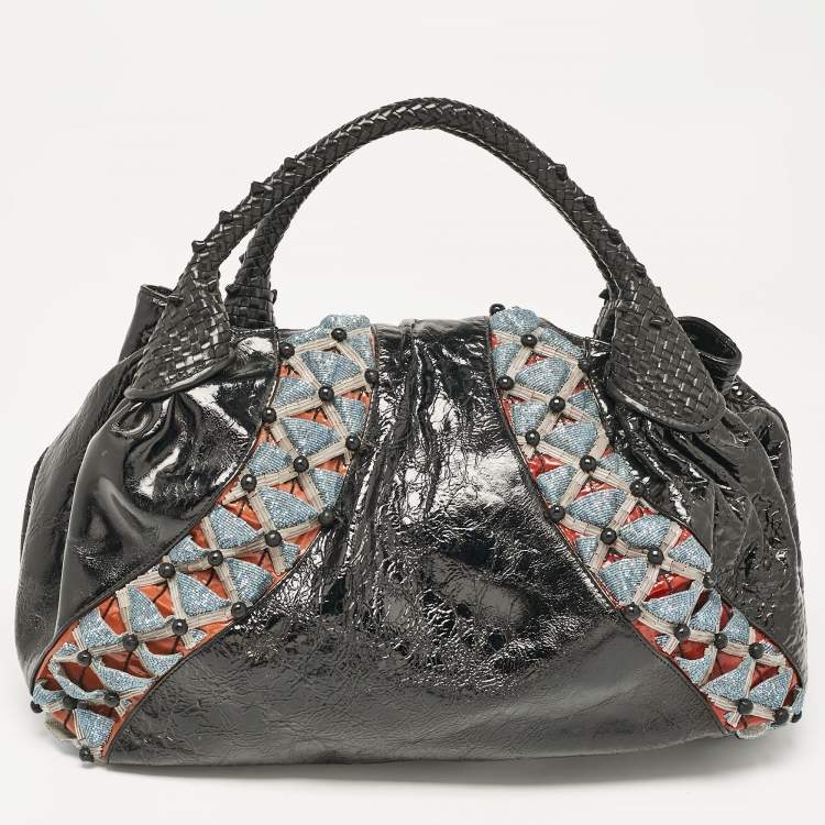 Pre Owned Fendi Black Patent Leather Beads Embellished Spy Hobo