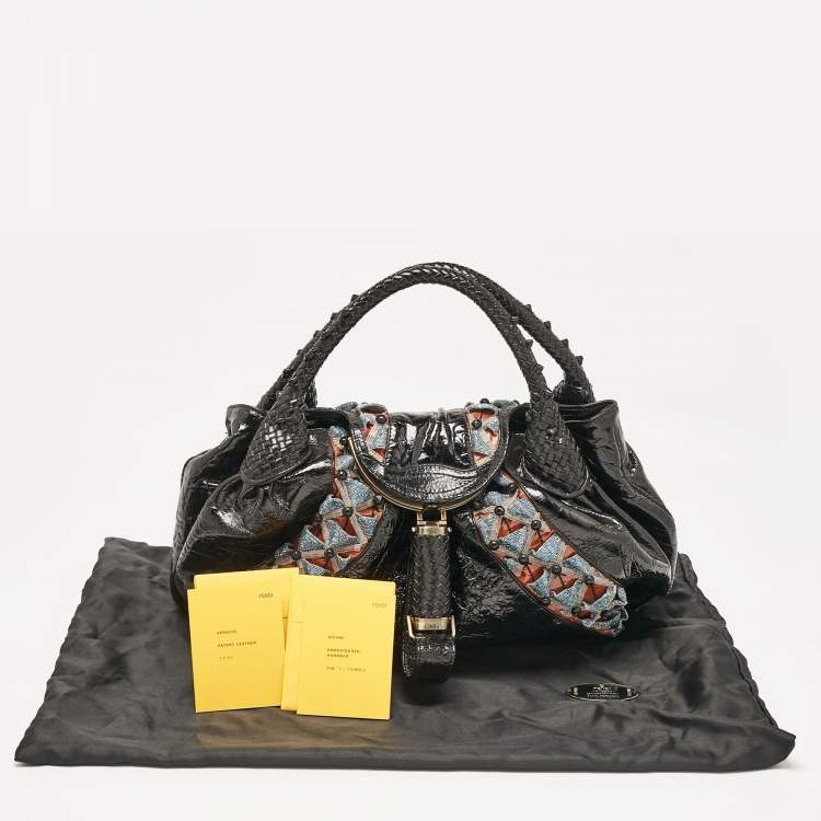 Pre Owned Fendi Black Patent Leather Beads Embellished Spy Hobo