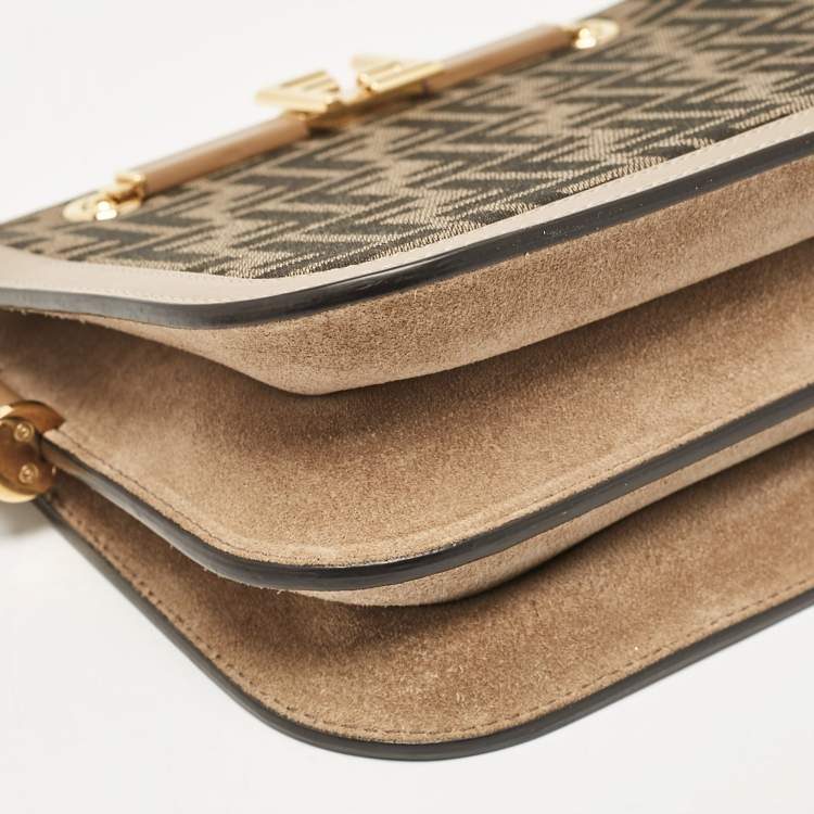 Pre Owned Fendi Tobacco/Beige Zucca Canvas and Suede Touch Shoulder Bag