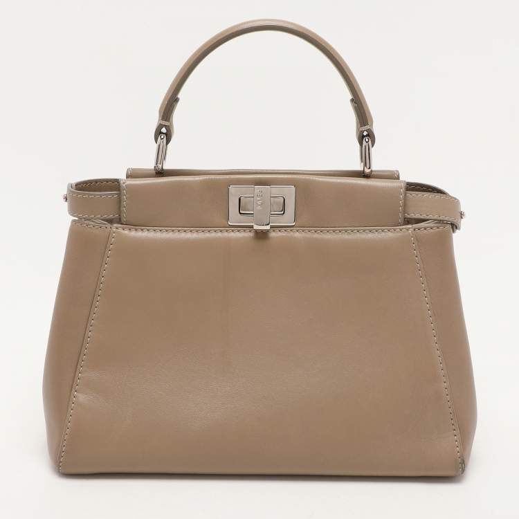 Pre Owned Fendi Beige Leather Mini Peekaboo Top Handle Bag