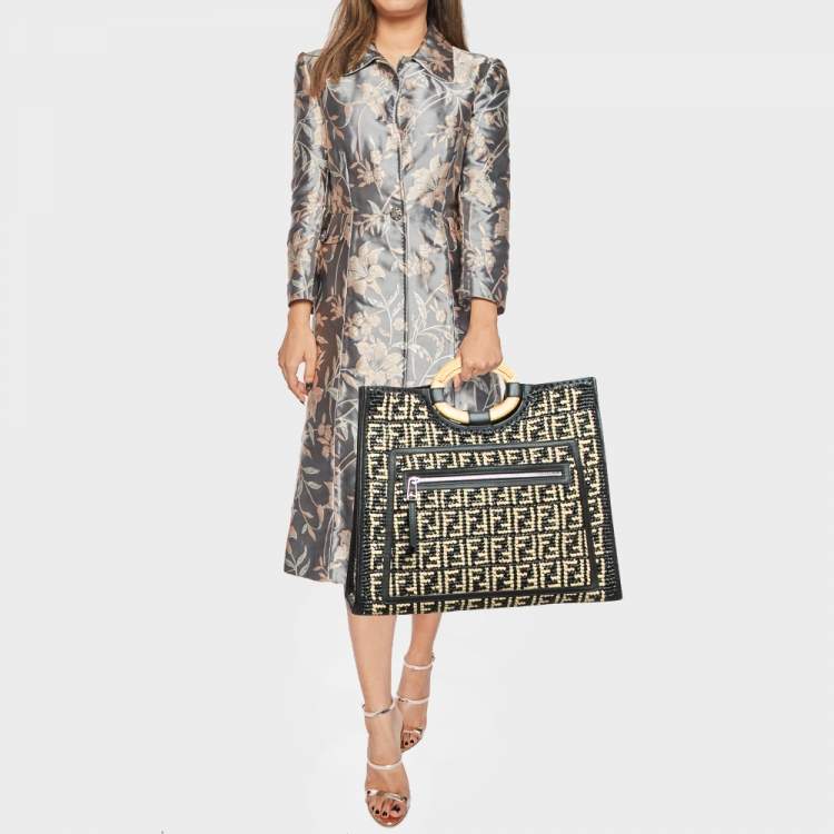 Pre Owned Fendi Black/Natural FF Raffia and Leather Large Runaway Shopper Tote