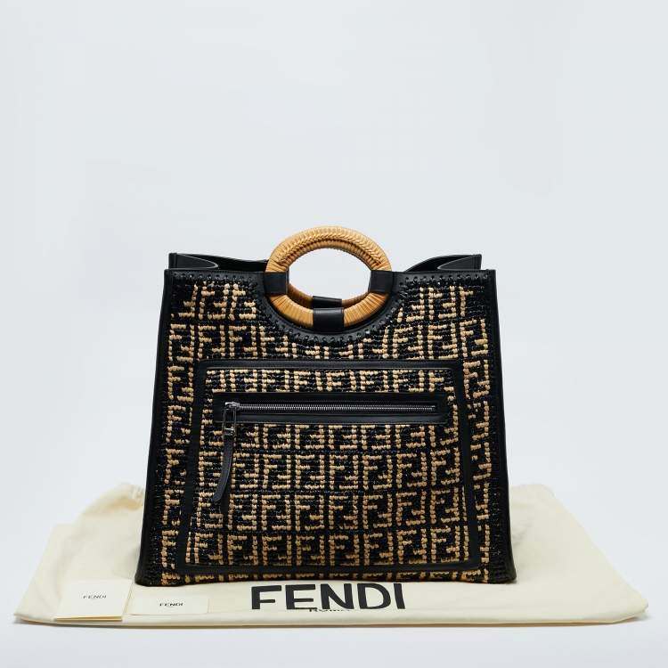 Pre Owned Fendi Black/Natural FF Raffia and Leather Large Runaway Shopper Tote