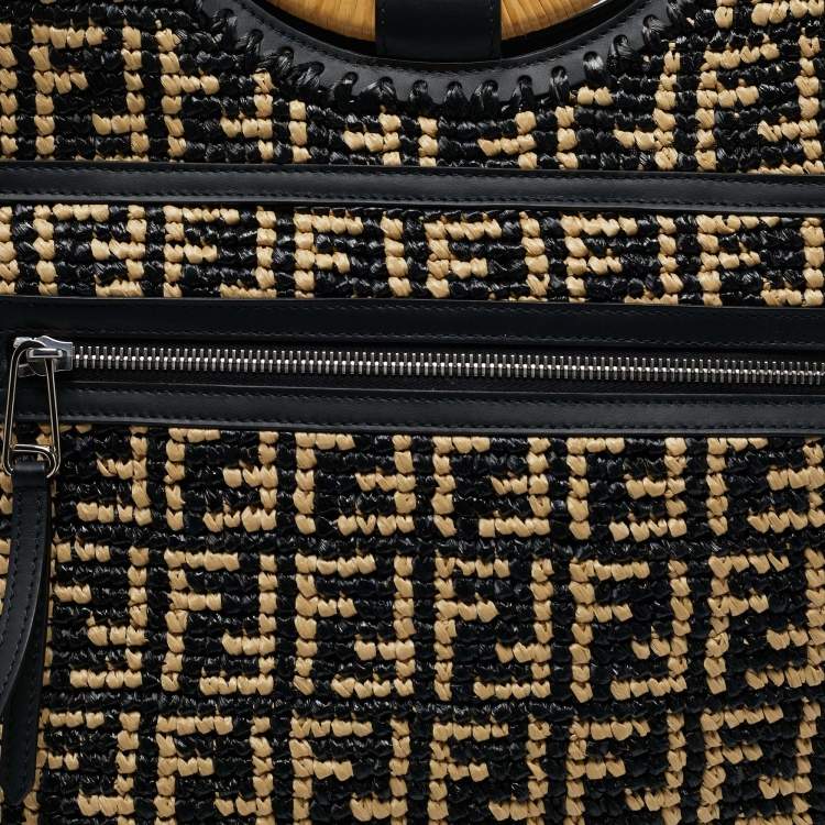 Pre Owned Fendi Black/Natural FF Raffia and Leather Large Runaway Shopper Tote