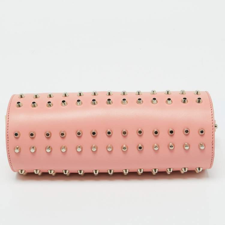 Pre Owned Fendi Peach Pink Leather Studded Mini Boston Bag