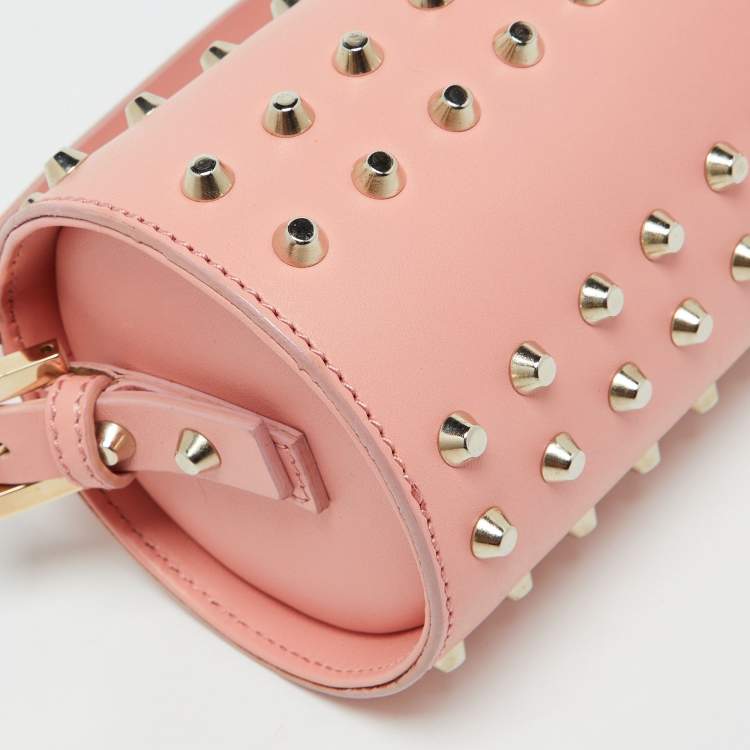 Pre Owned Fendi Peach Pink Leather Studded Mini Boston Bag