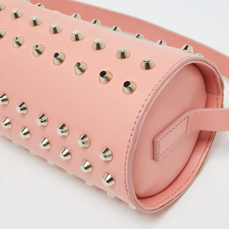 Pre Owned Fendi Peach Pink Leather Studded Mini Boston Bag