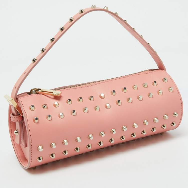 Pre Owned Fendi Peach Pink Leather Studded Mini Boston Bag