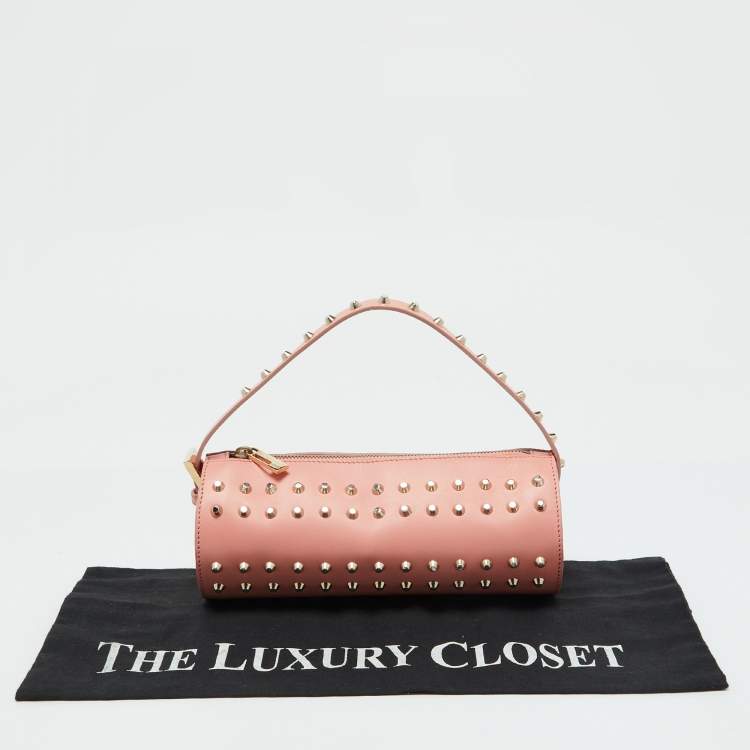 Pre Owned Fendi Peach Pink Leather Studded Mini Boston Bag