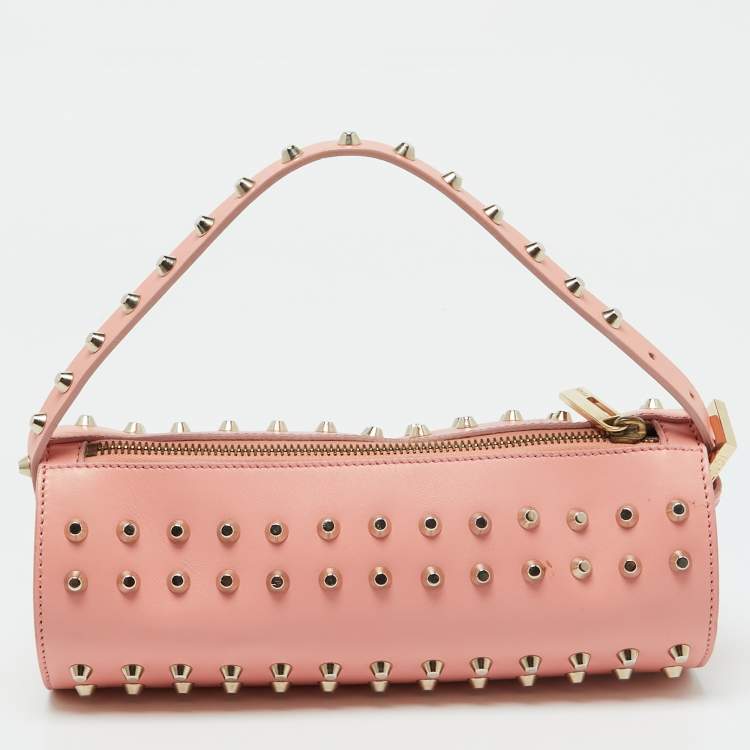 Pre Owned Fendi Peach Pink Leather Studded Mini Boston Bag
