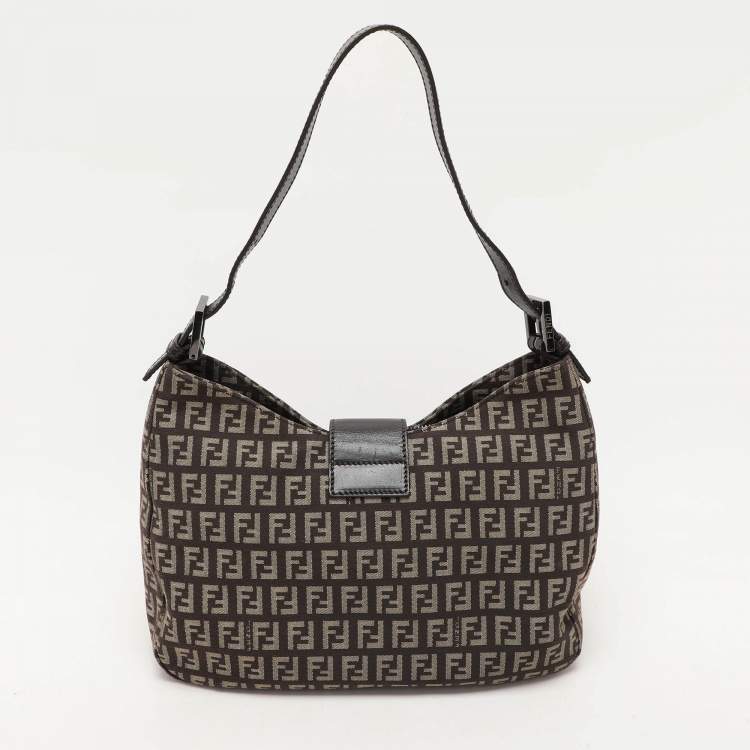 Pre Owned Fendi Tobacco Zucchino Canvas and Leather Shoulder Bag
